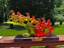 Vintage lucid red yellow green Horses Sculpture on wood stand..large.. picture