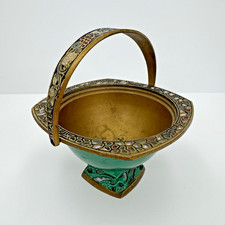 Vintage 50s Oppenheim Israel Brass/Iron Footed Candy Bowl Basket Enamel Mosaic picture