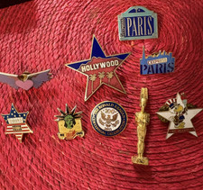 8 VINTAGE SOUVENIR  LAPEL PINS LOT ENAMEL PLUS STATUE..ronald reagan,more LOOK picture