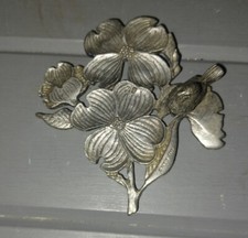 Vintage Metzke Pewter Bird On Dogwood Blossom Flowers Figurine 1975 picture