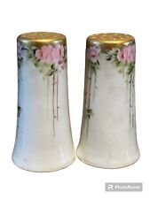 Vintage Porcelain Salt Pepper Shakers Pink Rose Gold Trim Floral Hand Painted picture
