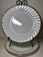 Anchor Hocking Fire King 2 Dinner Plates 9 In Swirl Design Gold Rim 1950s picture