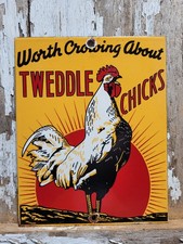 VINTAGE TWEDDLE CHICKS PORCELAIN SIGN RARE OLD CHICKEN ROOSTER FARM FEED BARN picture