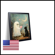 Yaneiro Framed Cute Ghost And Black Cat Wall Art, Whimsical Halloween Love picture