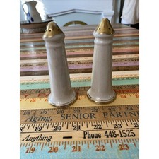 VINTAGE Salt Pepper SHAKERS Kass Lusterware Porcelain Gold Trim White USA picture