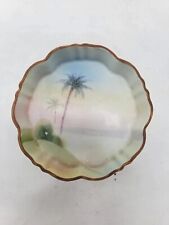 Vintage Nippon Beach Trinket Dish Nut or Candy Handpainted Brown Trim Palm Tree picture