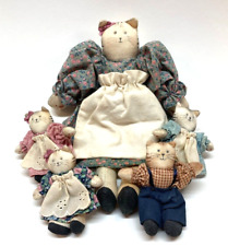 Momma Cat Kittens Primitive Handmade Folk Art Stuffed Animal Plush with Clothes picture