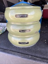 Vintage MCM Lincoln Beautyware Pagoda Rare Avocado Stacking Metal Canisters picture