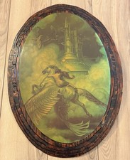 Vintage 1978 Pegasus Fantasy Celestial Castle Oval Wood Wall Plaque 20x27 70s picture