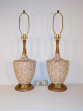 PR Vintage 1960s MCM Hollywood Regency Terra Cotta Lamps Teak Walnut Bases picture