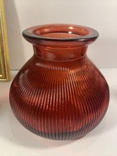 Vintage Ruby Red Flash Ribbed Squat Vase~Mid Century Art Deco~Christmas~Gift picture