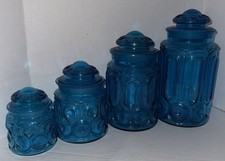 Vintage LE Smith Moon & Stars Colonial Blue Glass 4 Pcs. Canister Set picture