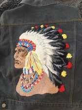 Vtg 60s 70s Expression Denim Jacket Indian Head Chief Embroidery Size Large picture