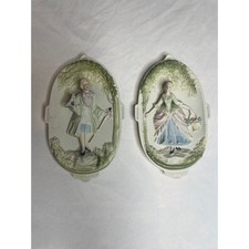 Vintage Chase Hand Painted Bisque Porcelain Wall Plaques Occupied Japan Pair picture