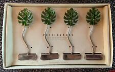 4 POTTERY BARN Palm Leaf Placecard Holders Green Enamel Silvertone Gently Used picture