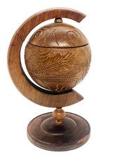 Mid Century Modern Ashtray Globe Hand Carved Wooden Shaped Very Unique Vintage picture