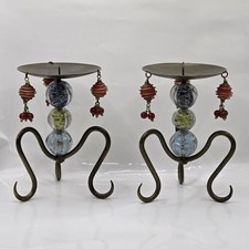 VTG Pair Swedish Handcrafted Metal & Glass Candleholders Erik Höglund MCM 1960S picture