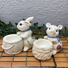 Vintage Lenox Poppies on Blue Barnyard Bunny Rabbit & Pig Votive Candle Holders picture