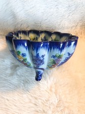 Vintage Vestal Alcobaca Portugal Blue Floral Footed Bowl #564 Grandma Core picture