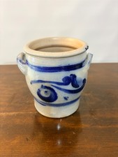 Vintage Salt Glazed Hand Painted Cobalt Blue Handled Stoneware Farmhouse Crock picture