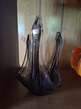 VIKING MID CENTURY SMOKE GRAY ART GLASS SCULPTURAL 3 POINT Candle Holder picture