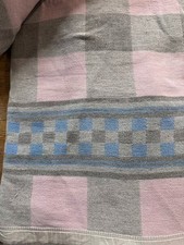RARE Vtg 1930s/40s CAMP BLANKET Double-Length FOLD-OVER Pink/Blue/Gray 77 X 152 picture