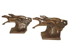 Pair of Art Deco Stylized Patinated Bronze Greyhound Dog Bookends picture