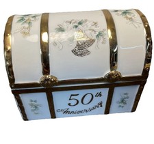 Lefton 50th Anniversary Porcelain Trinket Box White with Gold Hand painting Vtg picture