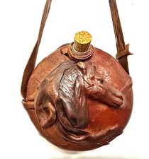 Signed Folk Art Horse Leather Canteen, Collectible Equestrian Vintage Hand Tool picture