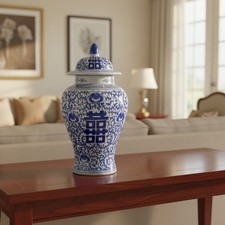 Ceramic Blue and White Ginger Jar with Lid - Perfect for Floral Arrangements picture
