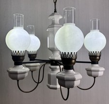 Lightolier Vintage Brass White Porcelain 5-Arm 6 Light Chandelier MCM 22