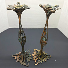 Set of 2 Art Nouveau Floral Metal Candle Holders Antique Finish 11.5in Taper picture