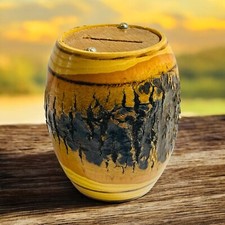 Vtg Wooden Log Coin Bank Barrel Made USA Iron Mountain Wood Bark Souvenir picture