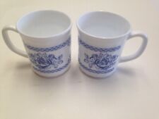Pair of Arcopal France Coffee Cups Blue Floral Milk Glass Vintage  Pristine picture
