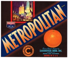 CRATE LABEL METROPOLITAN ORANGE TYPOGRAPHY 1940S ORIGINAL VINTAGE CITYSCAPE picture