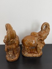 Vintage MCM Brazilian Ceramic Elephant Pair 10.5” Trunk Up Made in Brazil #94 picture