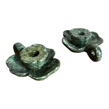 MID-CENTURY ITALIAN FOUR LEAF CLOVER CANDLESTICKS GREEN ALABASTER 1960S Pair picture