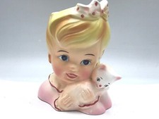 head vase planter ENESCO girl with bow holding kitten - VG  picture