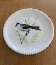 Westmoreland Beaded Edge Milk Glass Plate with Hand Painted Black Bird 7.25”D  picture