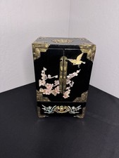 Vintage Chinese Black Lacquer Jewelry Box Cabinet Mother of Pearl Inlay Brass picture