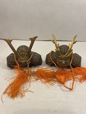 Vintage Miniature Armor Helmet Samurai Kabuto Deer Horn Cast Iron Japan picture