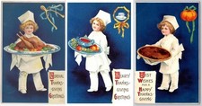 Set of 3 Clapsaddle Thanksgiving Little Chefs~Pies~Turkey~Food~Postcards Lot picture