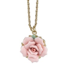 1928 Jewelry Genuine Pink Porcelain Rose Pendant Necklace 16