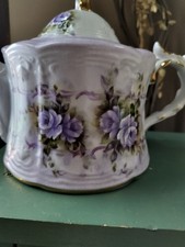 Cracker Barrel Porcelain Musical Teapot w/ Pitcher  Vtg Purple Flowers Victorian picture