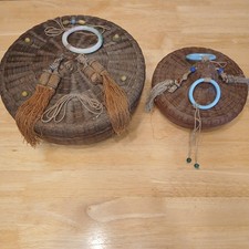 Vintage Set 2 Chinese Woven Lidded Baskets Possibly Pre-1950 Silk Lined Beaded picture
