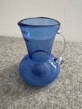 Vintage Hand Blown Cobalt Blue Glass Pitcher 4.5” Applied Handle Rough Pontil picture