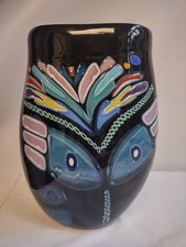 Attributed Dan Bergsma Studio Glass Vase - Large Black Cane Art Glass Mask Motif picture
