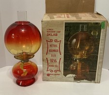 VINTAGE JEANNETTE AMBERINA HURRICANE KEROSENE OIL LAMP NOS ORIGINAL BOX 16 1/2” picture