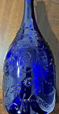 Vtg. Blue Glass Wine Bottle Embossed “Vin de Poche” Grapevine Design w/ Cork picture