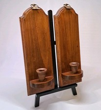 Vintage 1973 Wood Wall Sconces Pair - Colonial Federal Brass Eagle Taper Candle picture